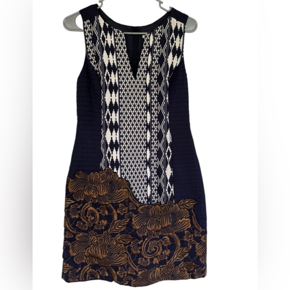 NWT Anthropologie Floreat Women's Navy/Gold Cotton Brocade Vneck Dress Size‎ 4
